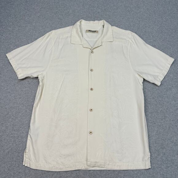 Tommy Bahama 100% Silk Camp Shirt Men L Cream Tropical Floral Jacquard Button Up - Picture 3 of 13